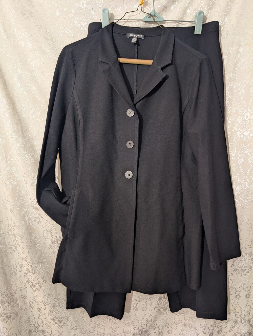 Eileen Fisher Petite Black Knit Pant Suit Set Blazer Jacket 2pc PL